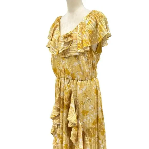 Eloquii Golden Yellow Floral Metallic Stripe Ruffle Sleeveless Maxi Dress - Picture 7 of 13